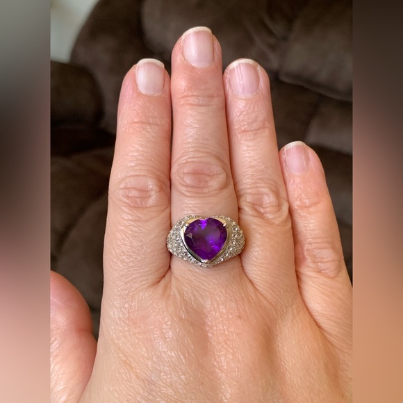 Sterling silver heart shaped amethyst ring with white Zircon accents